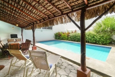 Pool area with thatch palmed deck with table and grill