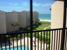 View from Siesta Breakers #603  Lanai of Pool Area, Crescent Beach & Gulf of Mexica